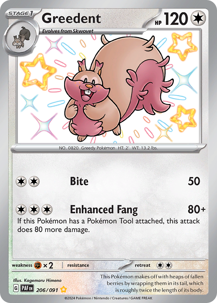 Greedent 206 Shiny Rare card from Paldean Fates
