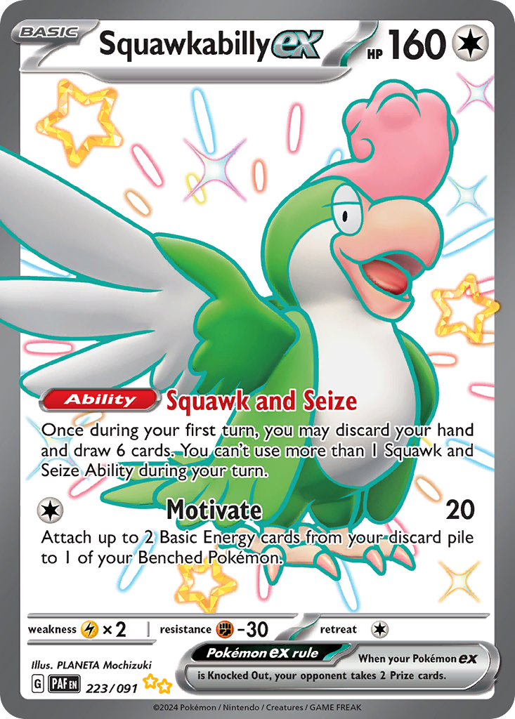 Squawkabilly ex 223 Shiny Ultra Rare card from Paldean Fates