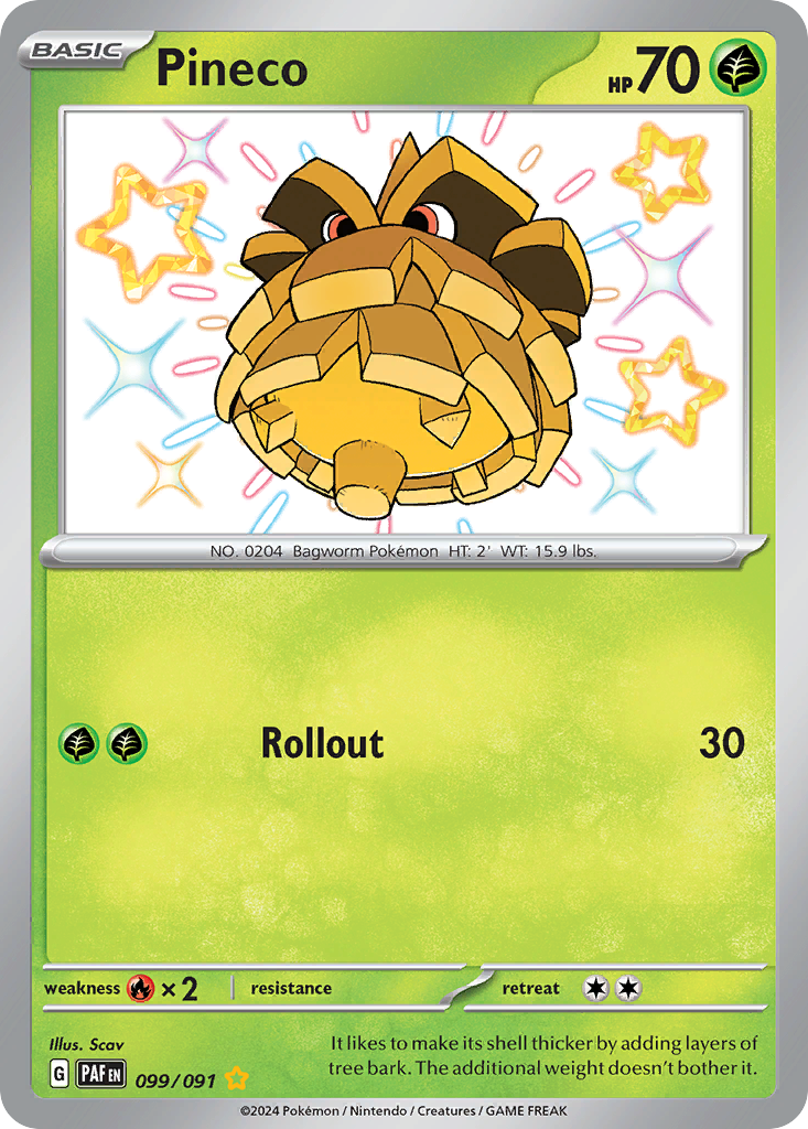 Pineco 99 Shiny Rare card from Paldean Fates