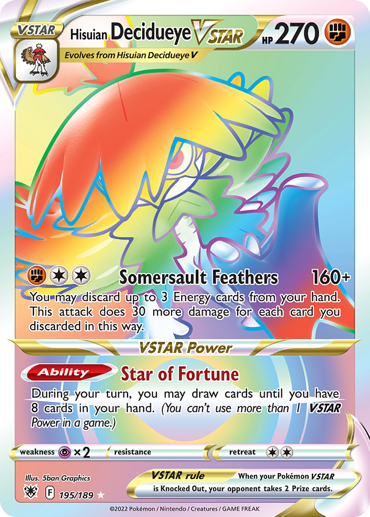 Hisuian Decidueye VSTAR 195 Rare Rainbow card from Astral Radiance