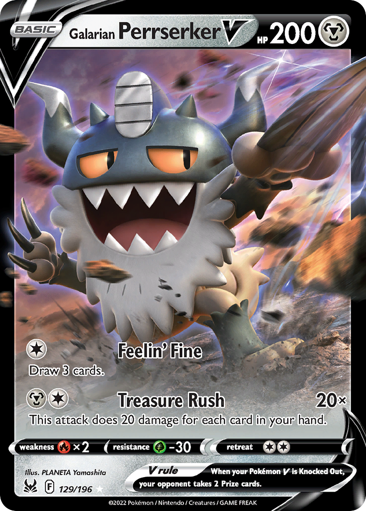 Galarian Perrserker V 129/196 Rare Holo V card from Lost Origin