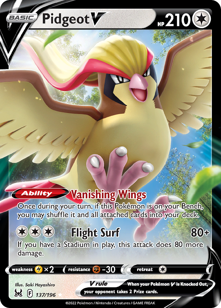 Pidgeot V 137/196 Rare Holo V card from Lost Origin