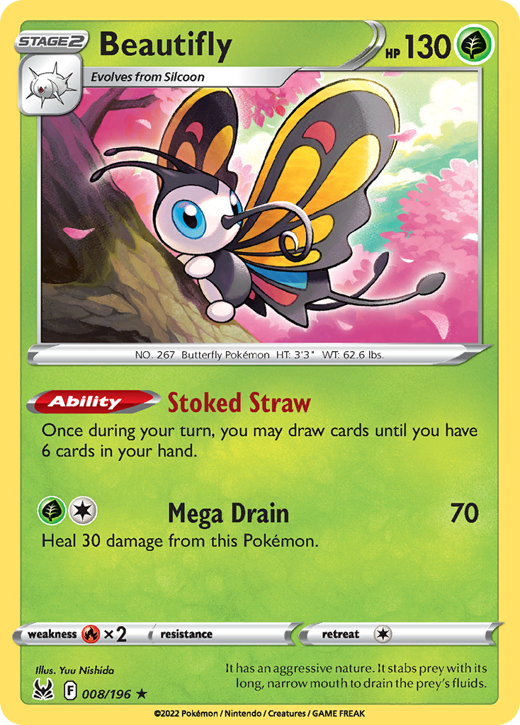 Beautifly 8 Rare Holo card from Lost Origin
