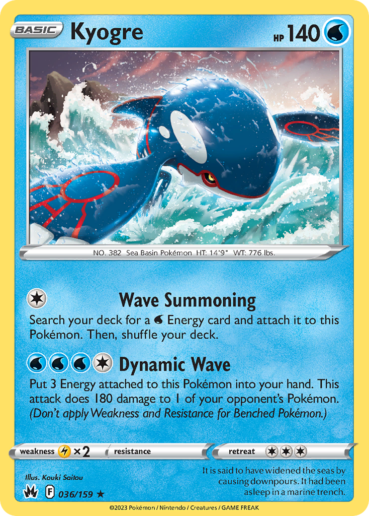 Kyogre 36/159 Rare Holo card from Crown Zenith