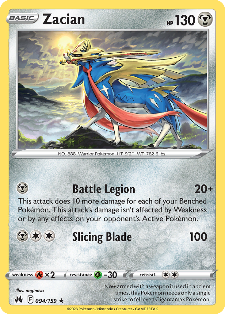 Zacian 94 Rare Holo card from Crown Zenith