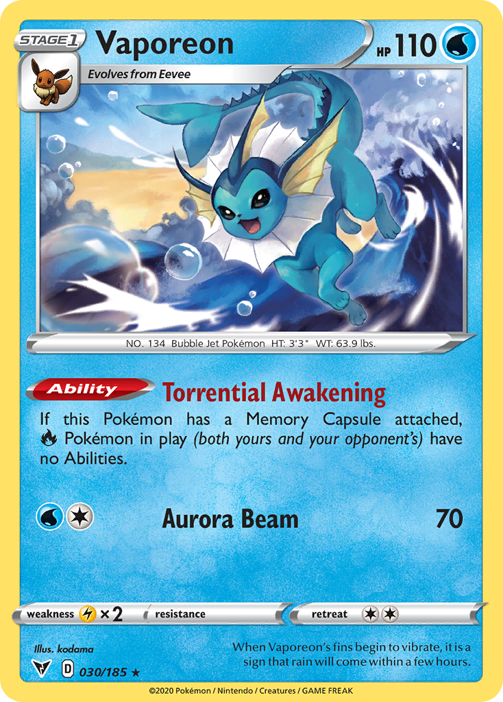 Vaporeon 30/185 Rare card from Vivid Voltage