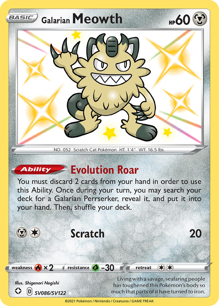 Galarian Meowth SV086 Rare Shiny card from Shining Fates Shiny Vault