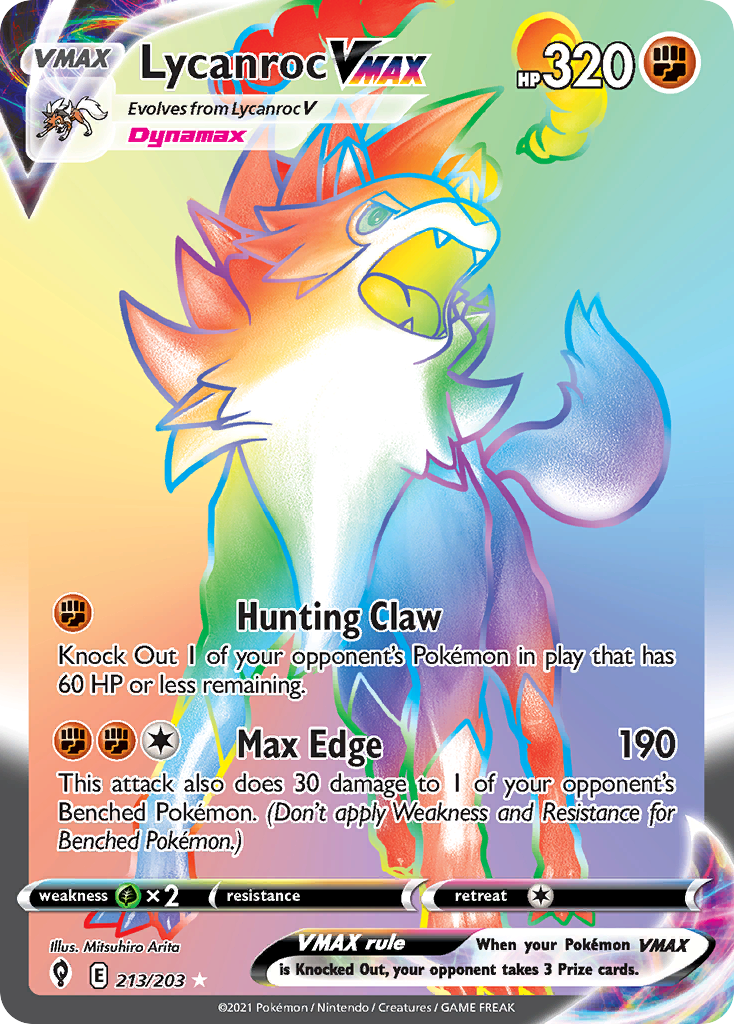 Lycanroc VMAX 213 Rare Rainbow card from Evolving Skies