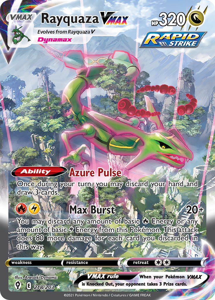 Rayquaza VMAX 218 Rare Rainbow card from Evolving Skies