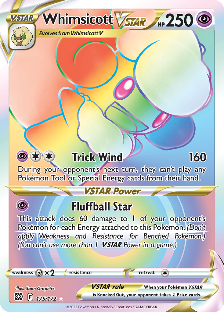 Whimsicott VSTAR 175 Rare Rainbow card from Brilliant Stars