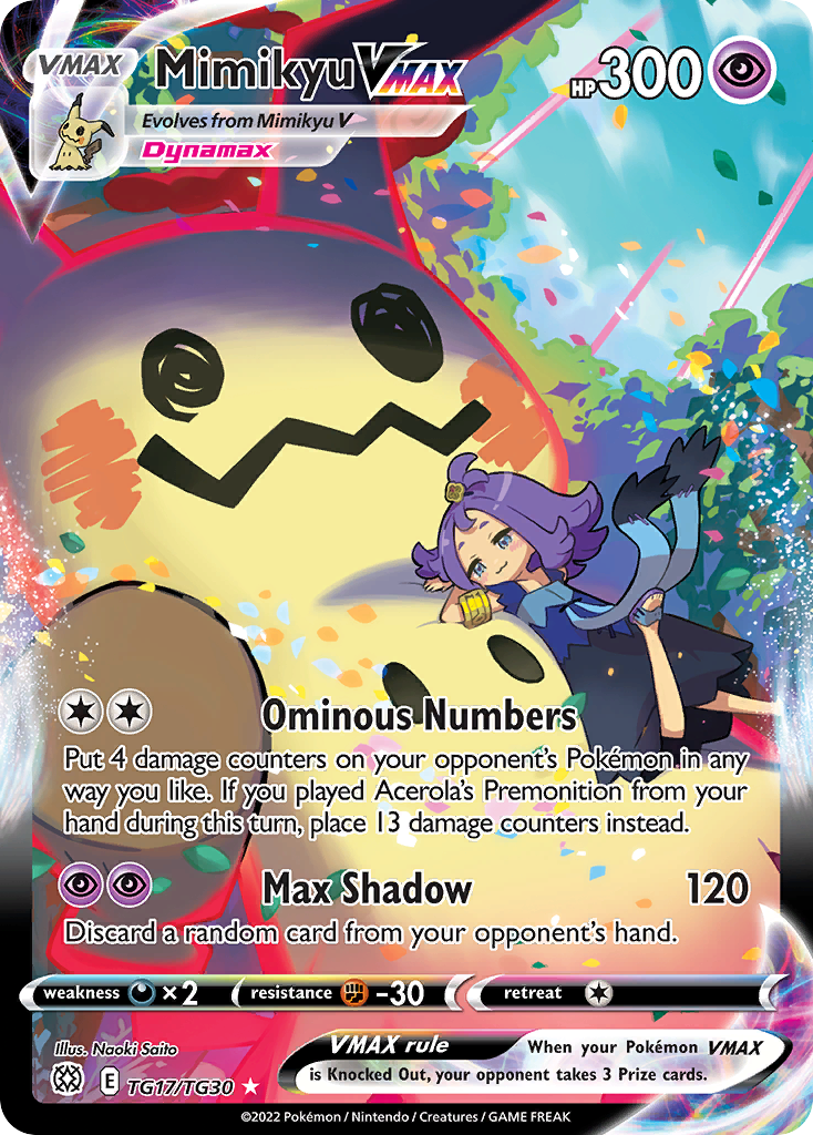Mimikyu VMAX TG17 Rare Holo VMAX card from Brilliant Stars Trainer Gallery