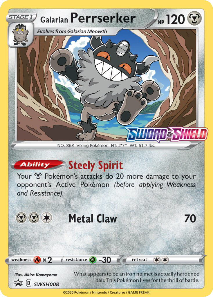 Galarian Perrserker SWSH008 Promo card from SWSH Black Star Promos